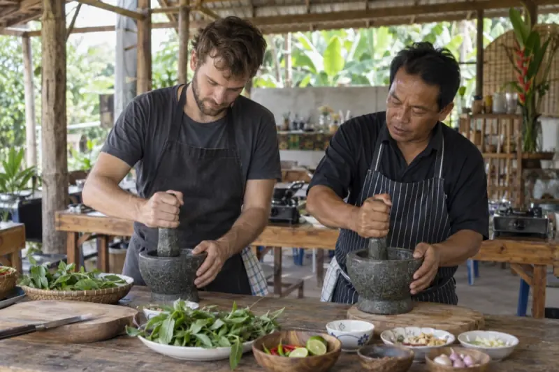 Un participant apprend la cuisine thaïlandaise avec un instructeur